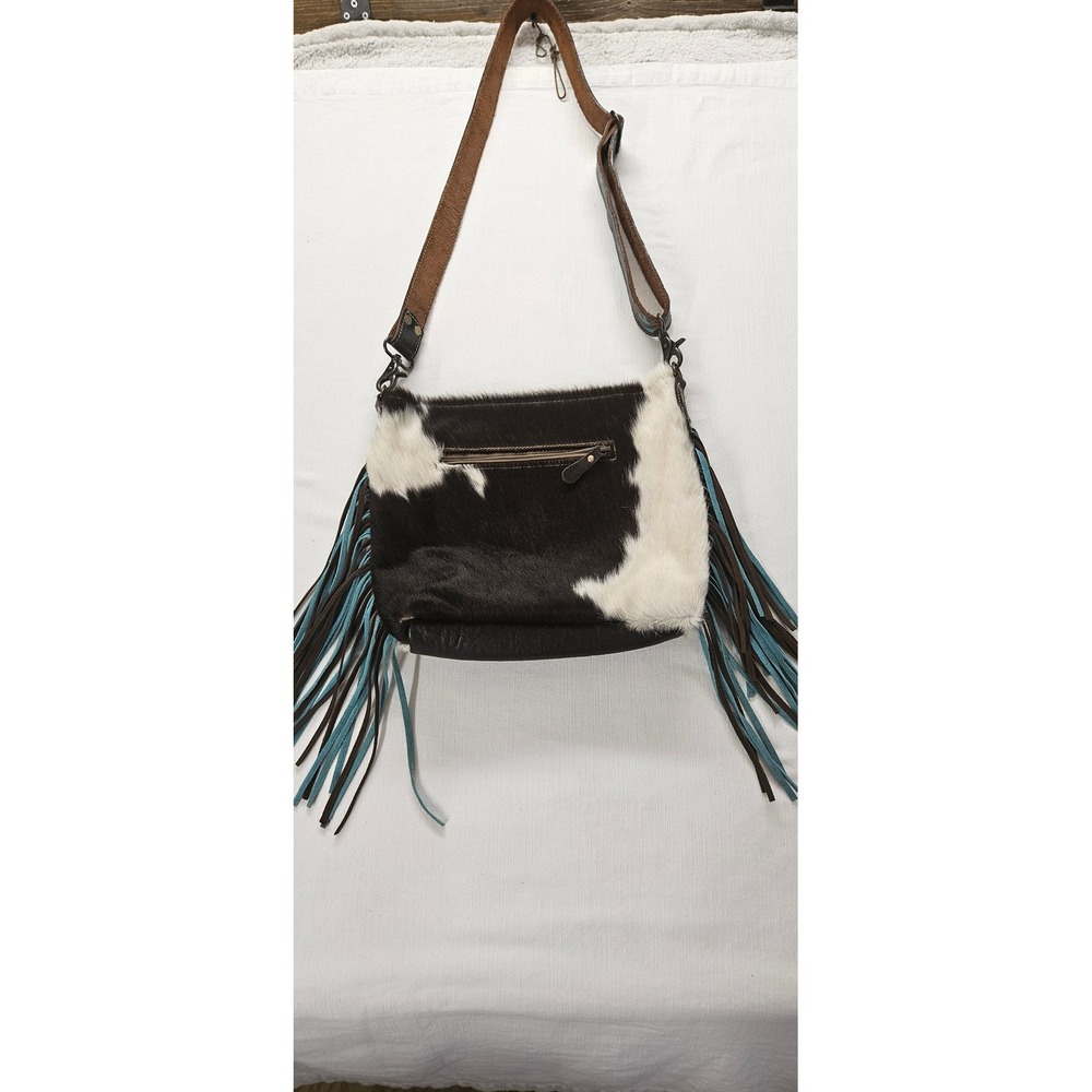 Myra Bag Cowhide Crossbody Fringe Western Hand Tooled LeatherTurquoisBlack White - Picture 7 of 7